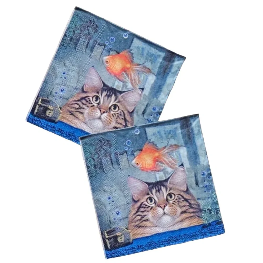 Set of Two (2) Individual Cat & Goldfish Decoupage Cocktail Size Napkins